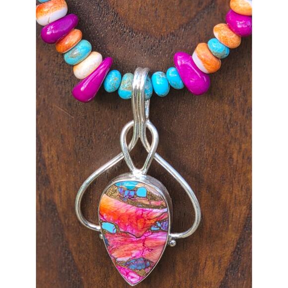 Artisan Turquoise Magnesite Spiny Oyster Necklace Sterling Silver 17β - Picture 13 of 13